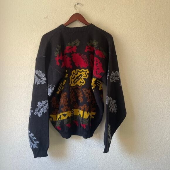 Vintage 80s‎ Abstract Leaf Graphic Knit Sweater Black Multicolor Size Medium - Picture 3 of 6
